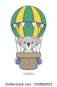 cute koala character riding hot air balloon