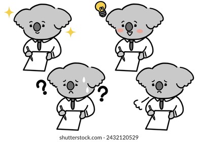 Cute koala character set filling out documents.