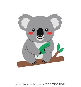 Cute koala character sitting on a log holding a green leaf. Cheerful facial expression with round eyes and rosy cheeks. Flat vector mascot illustration.