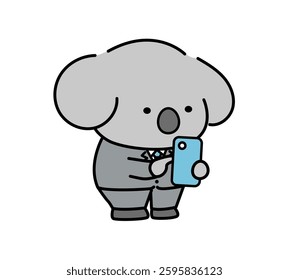 A cute koala character in a suit operating a smartphone.