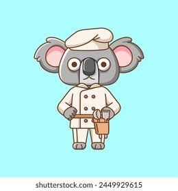 Cute koala chef cook serve food animal chibi character mascot icon flat line art style illustration concept cartoon