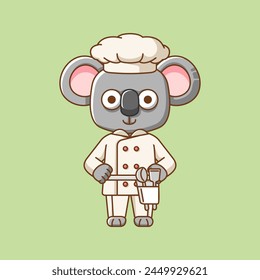 Cute koala chef cook serve food animal chibi character mascot icon flat line art style illustration concept cartoon set