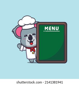 cute koala chef mascot cartoon character with menu board