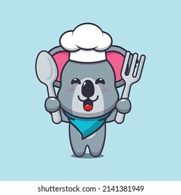 cute koala chef mascot cartoon character holding spoon and fork 