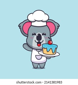 cute koala chef mascot cartoon character with cake