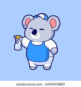 Lindo Koala servicios de limpieza de dibujos animados vector logotipo de la mascota. Ilustración de dibujos animados de diseño plano.