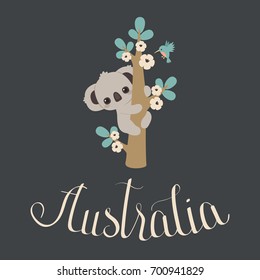 Cute koala climbing on a floral tree. Hand lettering "Australia". Vector cartoon illustration