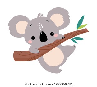 Cute Koala Climbing the Tree, Adorable Australian Animal Cartoon Vector Illustration