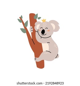 Cute koala climbing the tree, adorable Australian animal cartoon vector illustration. Koala bear sliping on eucalyptus branch 