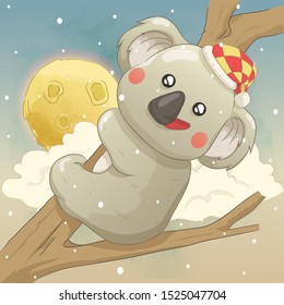 a cute koala is climbing a tree at night christmas