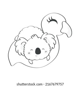 Cute Koala Clipart Black and White for Kids Holidays and Goods. Happy Clip Art Coloring Page Koala Bear on an Inflatable Toy. Vector Illustration of an Animal for Stickers, Prints for Clothes. 