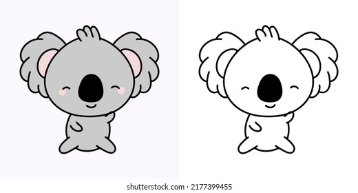 Cute Koala Clipart Illustration and Black and White. Funny Clip Art Koala. Vector Illustration of a Kawaii Animal for Coloring Pages, Stickers, Baby Shower, Prints for Clothes.  svg