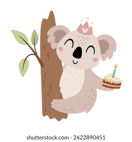 Cute koala clipart, isolated Birthday character. Happy Birthday concept animal, festive hand drawn vector illustration in flat style	