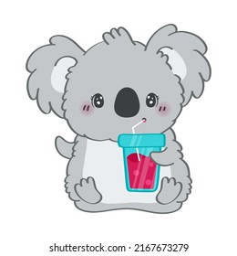 Cute Koala Clipart Isolated on White Background. Funny Clip Art Koala Bear with a Summer Cocktail. Vector Illustration of an Animal for Stickers, Baby Shower Invitation, Prints for Clothes. 