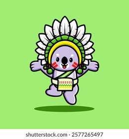 A cute koala in a colorful headdress and sash jumping joyfully on a green background