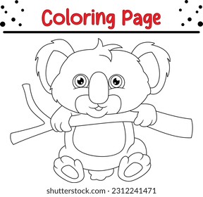Cute Koala coloring book for kids. Koala on the tree cartoon coloring page