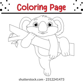 Cute Koala coloring book for kids. Koala on the tree cartoon coloring page