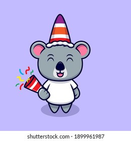 Cute Koala and Confetti Mascot Cartoon Vector Illustration. 