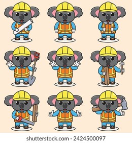 Cute Koala Construction Contractor Illustration. Vector illustration of a cute building foreman Koala. Cute Koala construction worker cartoon. Flat Cartoon Style.