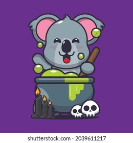 cute koala cooking poison illustration.cute halloween cartoon vector illustration. Vector isolated flat illustration for poster, brochure, web, mascot, sticker, logo and icon.