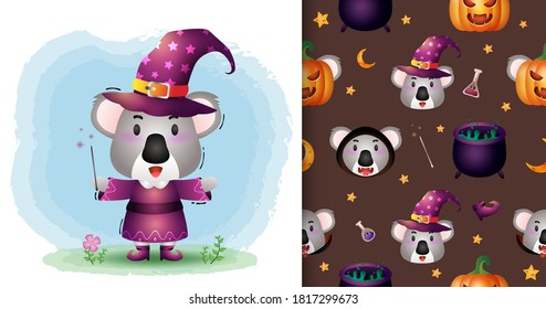 a cute koala with costume halloween character collection. seamless pattern and illustration designs