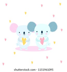 Cute koala couple with hearts. Vector hand drawn illustration.