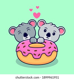 Cute Koala Couple in Love With Donut Mascot Cartoon Vector Illustration. 