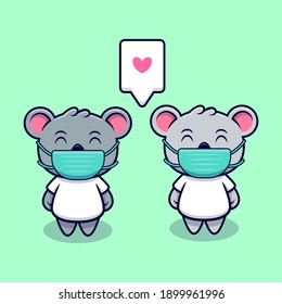 Cute Koala Couple Wearing Mask Mascot Cartoon Vector Illustration. 