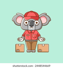 Cute koala courier package delivery animal chibi character mascot icon flat line art style illustration concept cartoon set