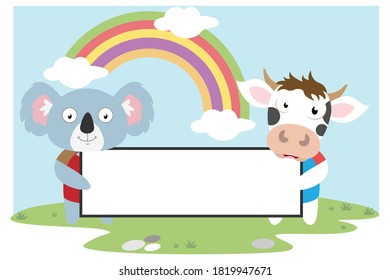 cute koala and cow hold a white board simple vector illustration design