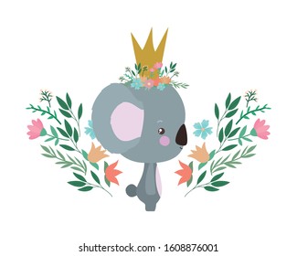 Cute koala with crown flowers and leaves design, Animal zoo life nature character childhood and adorable theme Vector illustration