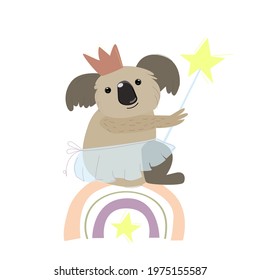 cute koala in a crown and with a magic wand sits on a rainbow. children's vector illustrator isolated on a white background.