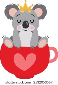 Cute koala with crown on head inside love cup
