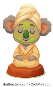 cute koala with cucumber mask on face in lotus position in meditation