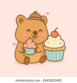 Coala bonito com bolinhos, Um coala adorável, vestindo um chapéu minúsculo, alegremente desfruta de um cupcake, com outro delicioso cupcake por perto. Esta ilustração encantadora é perfeita para cartões, blogs.