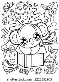 Cute koala with deer antlers.Gift for Christmas. Christmas and New Year. Coloring book for children. Black and white vector illustration.