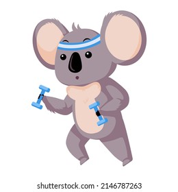 Cute Koala doing sports isolated on white background. Cartoon character athlete . Design of funny animals sticker for showing emotion. Vector illustration