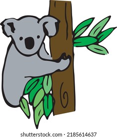 Cute Koala Drawing hugging branch of Eucalyptus Tree with leaves