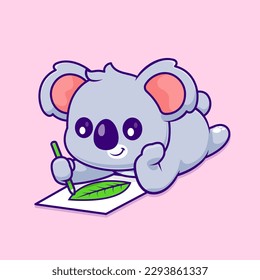 Cute Koala Drawing Leaf On Paper Cartoon Vector Icon Illustration. Animal Education Icon Concept Isolated Premium Vector. Flat Cartoon Style