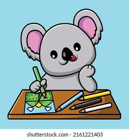 Cute Koala Drawing Mountain With Crayon And Paper On Table Cartoon Vector Icon Illustration. Animal Object Icon Concept Isolated Premium Vector.