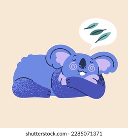 Cute koala dreamer, lying and dreaming of leaf food. Lazy hungry sleeping Australian bear thinking about feed, leaves, eating. Isolated childish kids comic flat graphic vector illustration