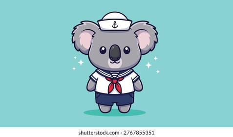 A cute koala dressed as a sailor, with a sailor hat and uniform, on a teal background.