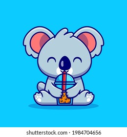 Cute Koala Drink Boba Milk Tea Cartoon Vector Icon Illustration. Animal Drink Icon Concept Isolated Premium Vector. Flat Cartoon Style