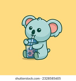 Cute koala drink boba milk tea simple cartoon vector icon illustration animal drink