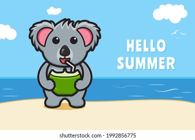 Cute koala drink coconut with a summer greeting banner cartoon vector icon illustration. Design isolated on blue. Flat cartoon style.