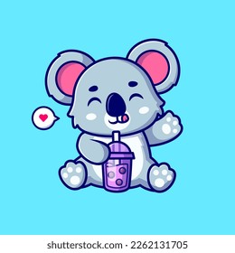 Cute Koala Drinking Boba Milk Tea Cartoon Vector Icon Illustration. Animal Drink Icon Concept Isolated Premium Vector. Flat Cartoon Style