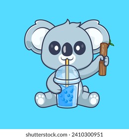 Cute Koala trinkt Boba Milk Tee mit Zweig-Holzbaum
Cartoon Vector Icon Illustration. Konzept des Tiergetränks 
Einziger PremiumVector. Flachbildkartonstil