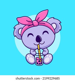 cute koala drinking boba vector illustration. female koala cartoon