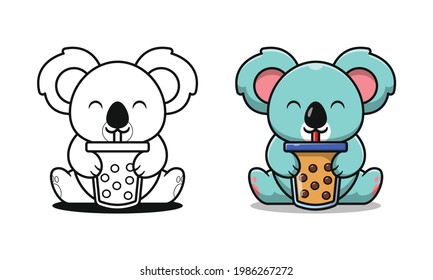 Cute koala drinking bubble tea cartoon coloring pages for kids