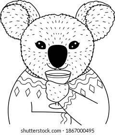 Cute koala drinking cocktail glass on the trees for coloring book, coloring page. Vector illustration